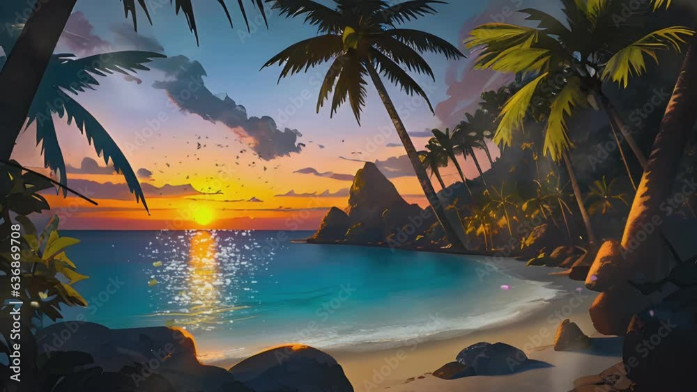 tropical sunset or sunrise with palm trees, beach and water.sunset or sunrise on the beach. Cartoon or anime illustration style. seamless looping 4K time-lapse virtual video animation background.  