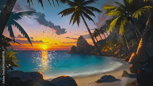 tropical sunset or sunrise with palm trees, beach and water.sunset or sunrise on the beach. Cartoon or anime illustration style. seamless looping 4K time-lapse virtual video animation background.  