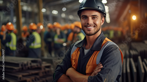 Portrait of young professional heavy industry engineer standing with arms crossed in industrial factory wearing safety vest and hardhat smiling on camera