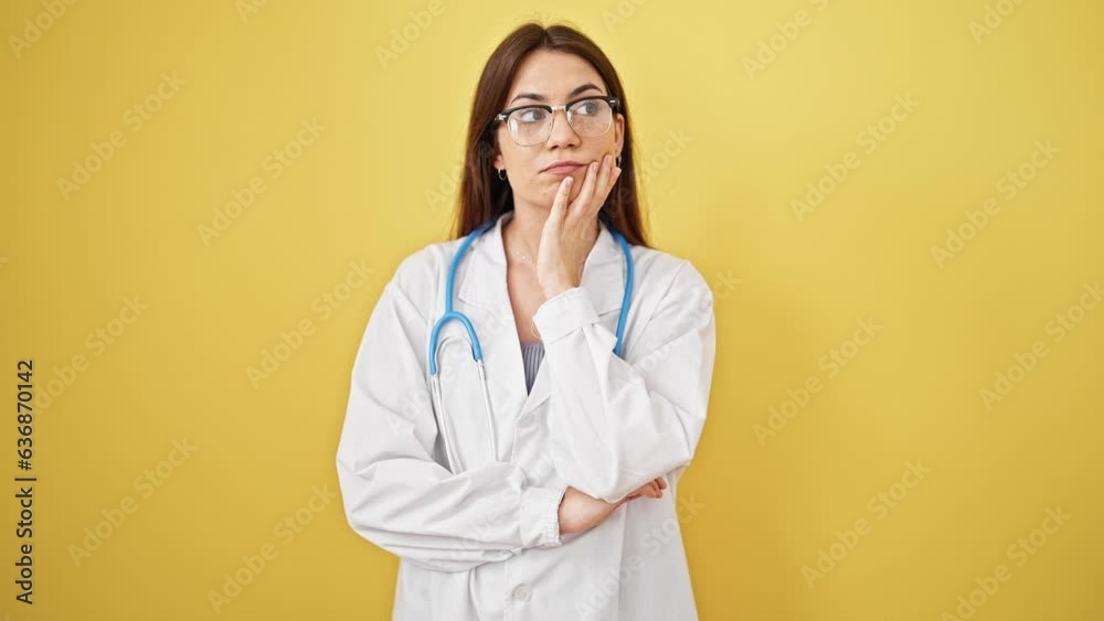 Young beautiful hispanic woman doctor standing with doubt expression thinking over isolated yellow background Young beautiful hispanic woman doctor standing with doubt expression thinking over isolated yellow background