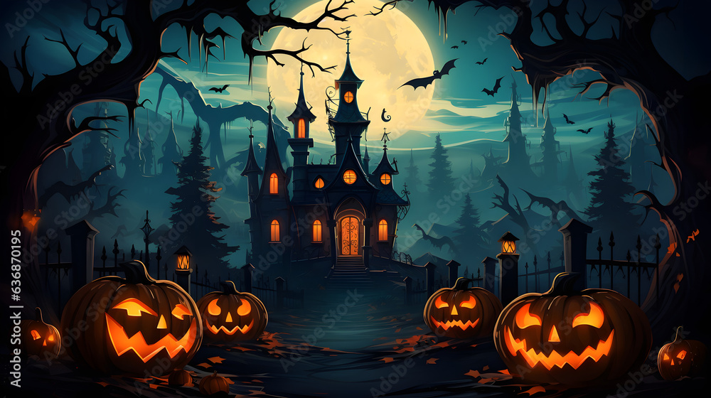 Halloween background with haunted castle and pumpkins. Vector illustration.