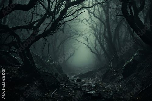 Dark, misty woods captured using advanced tech. Generative AI
