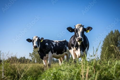 A serene scene featuring two Frisian Holstein cows grazing in a field, framed by a clear blue sky and a straight horizon. Generative AI © Michael