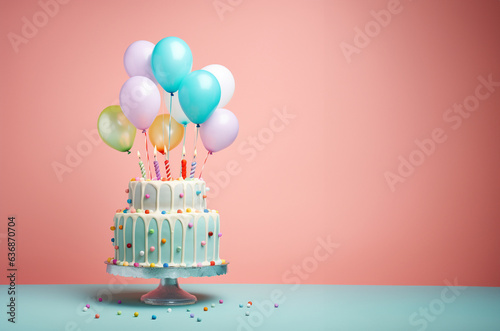 Birthday cake with baloons. Pastel colors. Generative Ai.