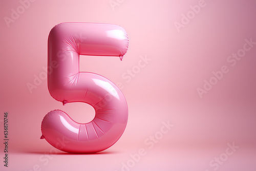 5 Aniversary. Fifth birthday. Number 5 birthday balloon. Colorful pink color. Generative Ai.