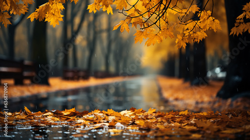 rain outside the window in the landscape of autumn park and yellow leaves.