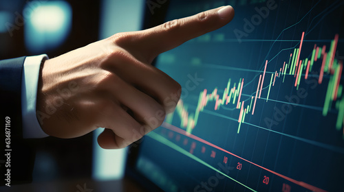 Close up of business man hand pointing at candle stick business chart on monitor. finger pointing at business forex chart and analyzing performance data. Trade, finance and market concept
