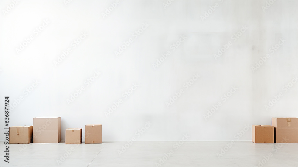 a row of cardboard boxes against a white wall, relocation. a row of cardboard boxes against a white wall, relocation.