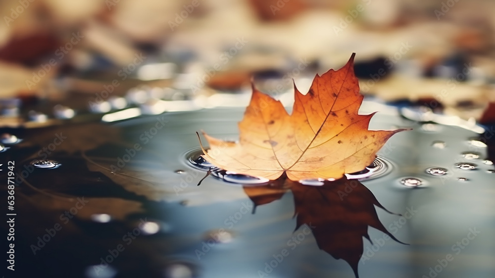 an autumn yellow leaf fell into a puddle leaving circles on the clear water. an autumn yellow leaf fell into a puddle leaving circles on the clear water.