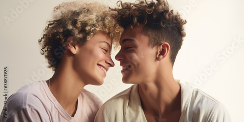 Young lesbian couple in love on a white background. Two happy young lesbian smiling together, Romantic young LGBTQ, Lesbian couple concept, generative ai