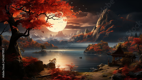 an ancient large sailing ship in the landscape of the red autumn forest.