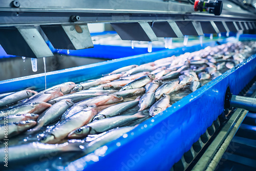 Raw sea fish on a factory conveyor. Production of canned fish.