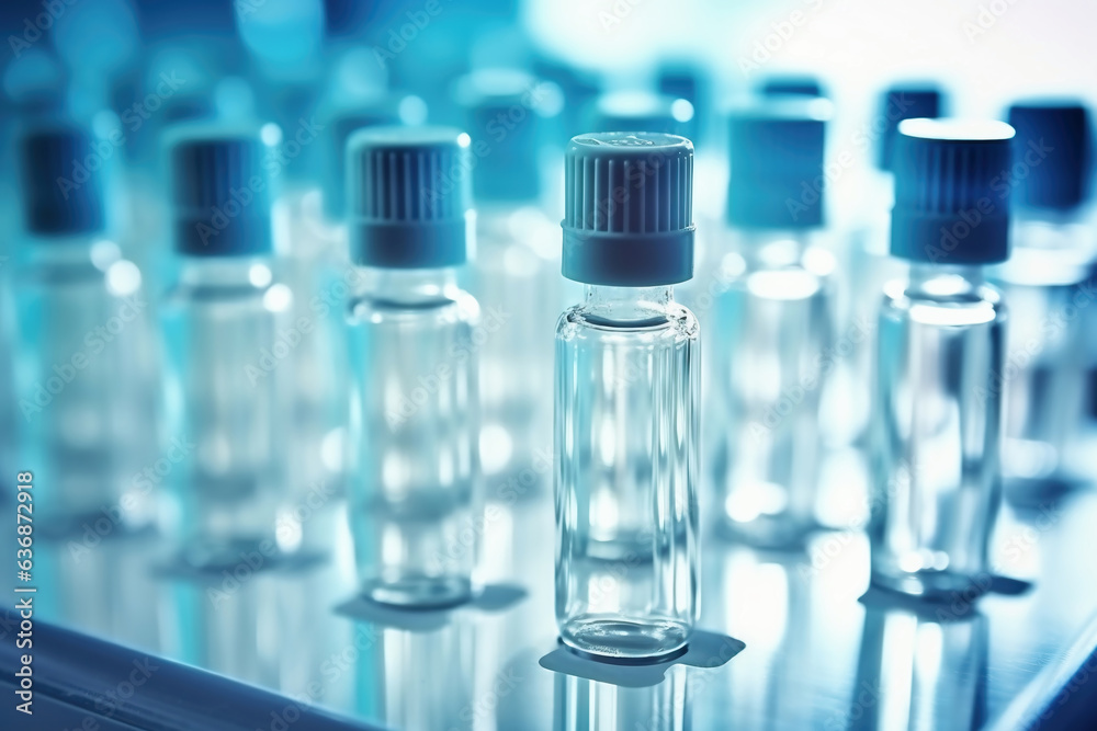 Glass vials for liquid samples. Laboratory equipment for dispensing fluid samples. Shallow depth of field. Glass vials for liquid samples. Laboratory equipment for dispensing fluid samples. Shallow depth of field.