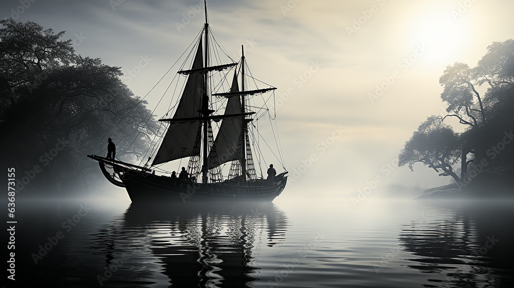 black sailboat silhouette in the fog. black sailboat silhouette in the fog.