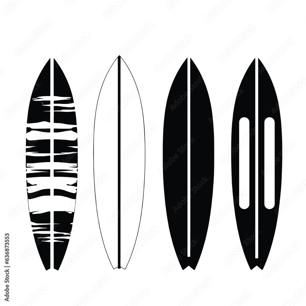 Silhouette surfboard set, flat style, Surfing, beach, sign, symbol or logo, vector illustration isolated Silhouette surfboard set, flat style, Surfing, beach, sign, symbol or logo, vector illustration isolated