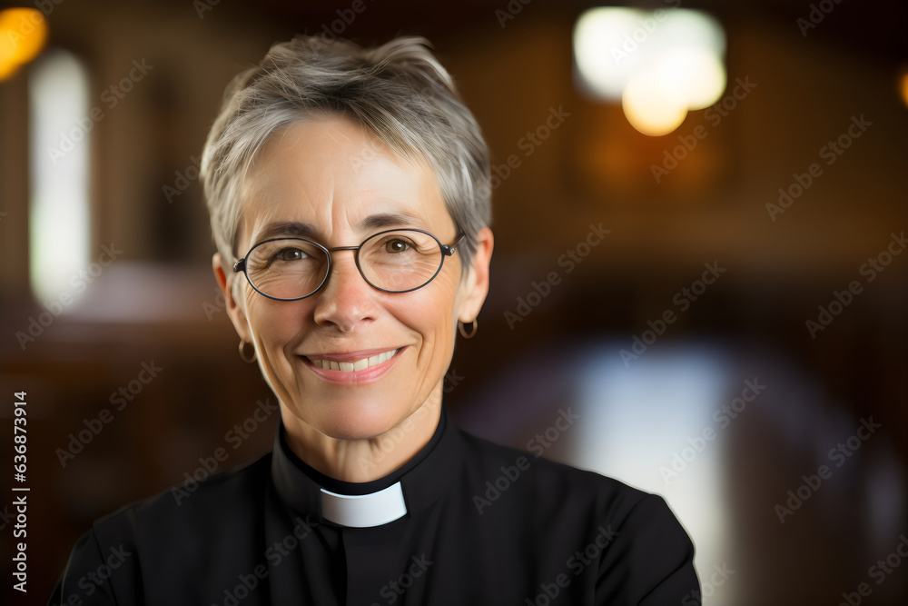 portrait of smiling older female priest wearing collar with blurred background portrait of smiling older female priest wearing collar with blurred background