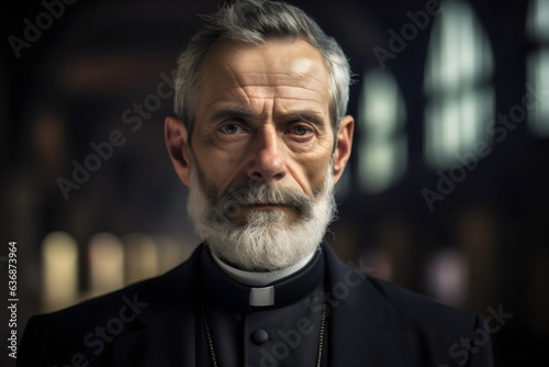 portrait of serious older priest wearing collar with blurred background