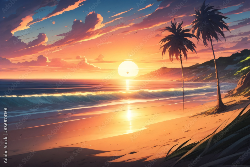 Beach landscape with sunset view, generative AI