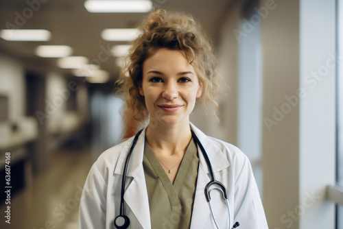 portrait of young female doctor wearing white coat and scrubs with stethoscope around neck photo