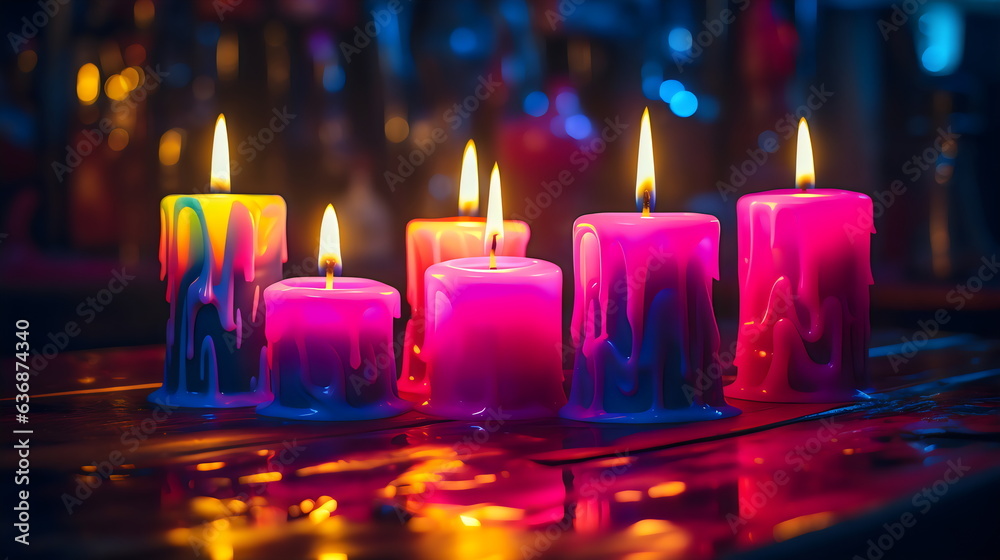 6 neon colorful pink and purple thick candles with glowing yellow flames - obrazy, fototapety, plakaty 