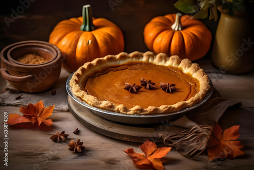 Pumpkin Pie, creamy spiced pumpkin filling in a crust, Thanksgiving atmosphare photo