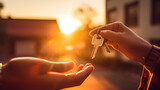 hand passing car or house key in golden sunlight on street in neighborhood