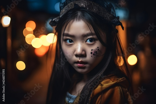 close portrait of young asian girl dressed in costume for halloween party, neural network generated photorealistic image