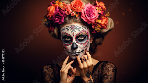 Day of the Dead concept. A woman with skull makeup and flowers. Generative AI. © GustavsMD