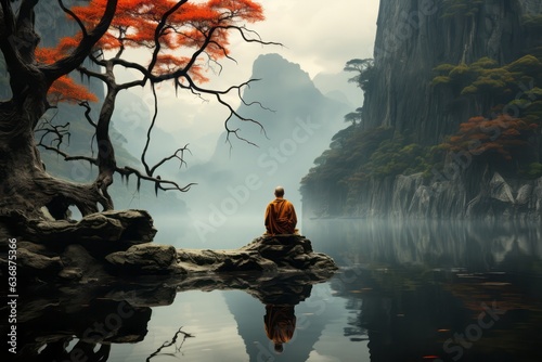 Man relaxing meditation with serene view lake landscape. Tibetan monk in the forest