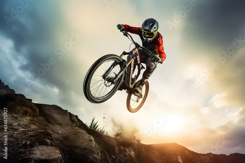 Mountain biker flying through the air after jumping off