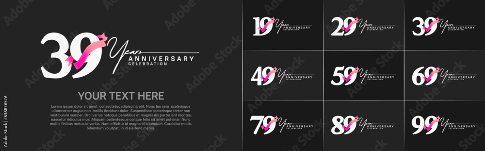 set of anniversary logo with white number and pink ribbon can be use for celebration