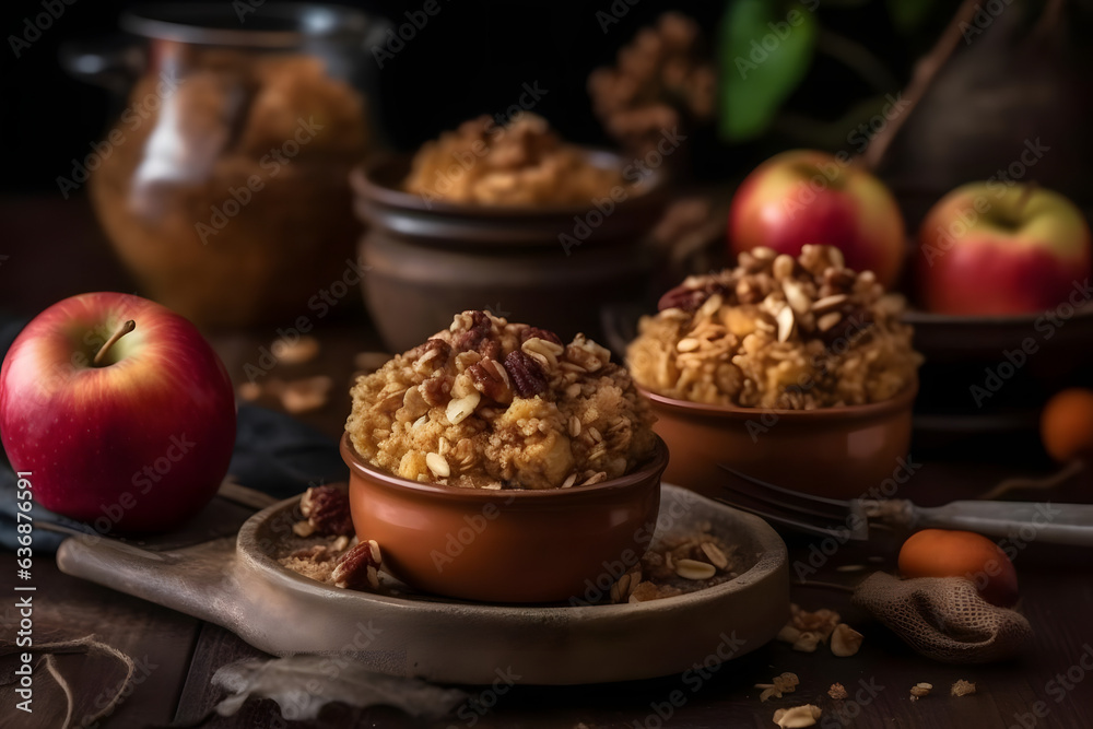 Apple Crisp, baked apples with crisp topping, served warm, fall atmosphare