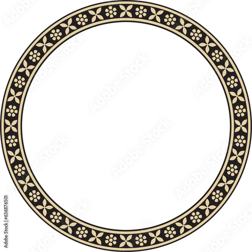 Vector round gold and black Indian national ornament. Ethnic plant circle, border. Frame, flower ring. Poppies and leaves..
