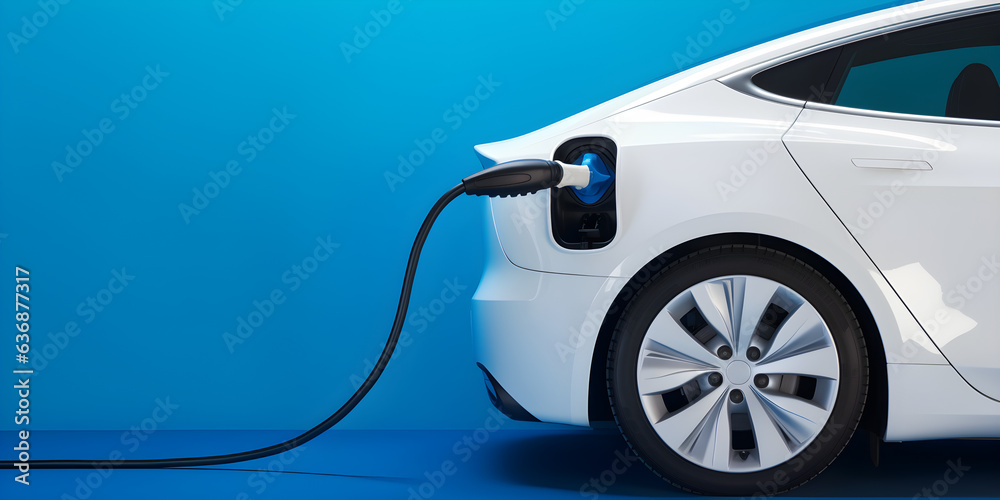 close up of white electric car connected to charger on blue background with copy space