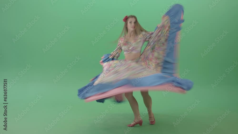 Balkan Gipsy Girl spinning and dance isolated on Green Screen 4K Video Footage