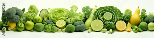 green vegetables and fruits isolated on a white background long frame panorama eco vegetarian.