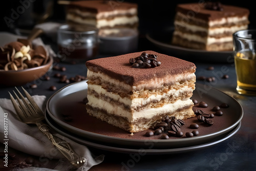 Tiramisu, layered coffee-soaked cake with mascarpone