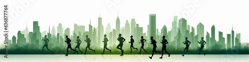 marathon in the green city panorama flat graphics poster.