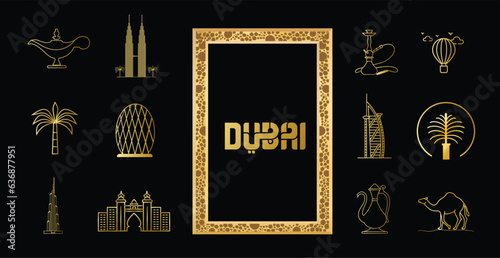 Dubai Gold Line Icon style building in Dubai palm jumeirah vector The dubai fountain jumeirah mosque Atlantis the Palm dubai frame dubai camel illustration photo