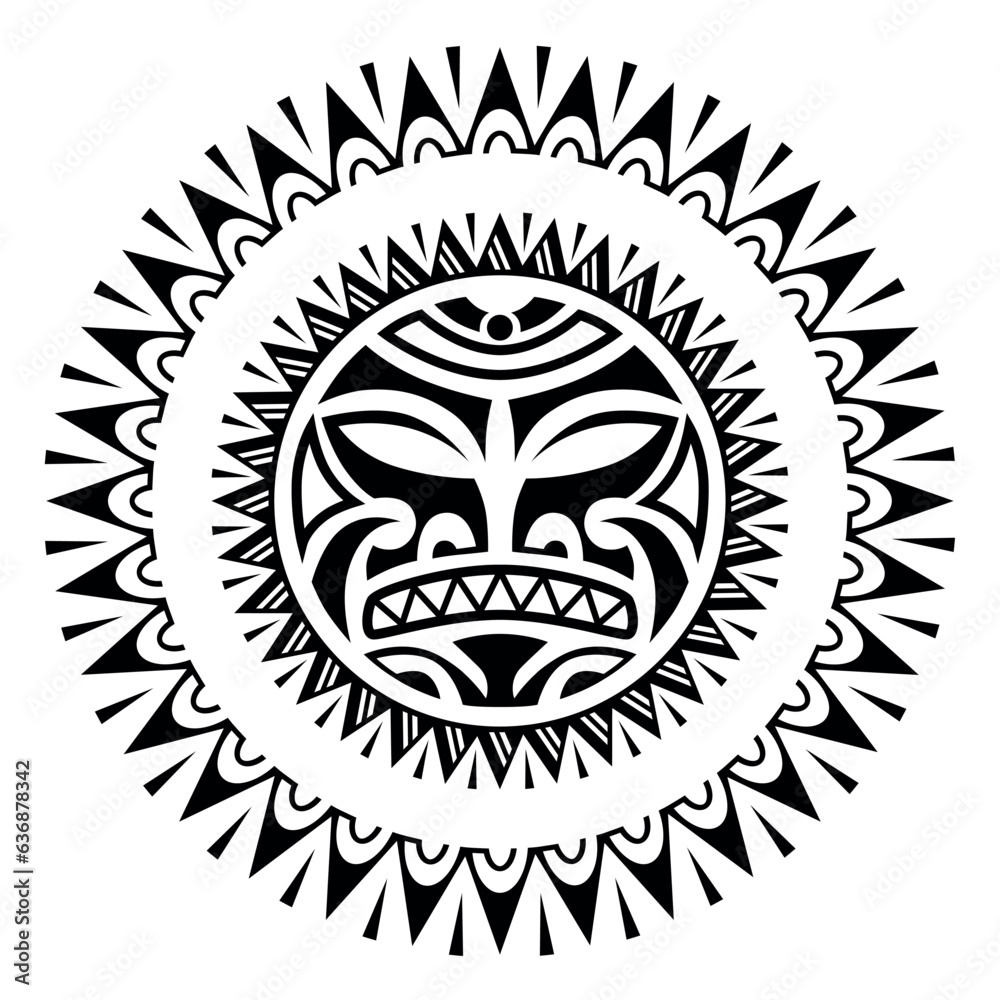 Round tattoo ornament with sun face maori style. African, aztecs or mayan ethnic mask. Black and white
