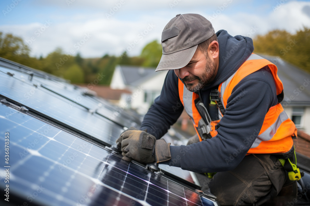 Technicians installing solar panels on roofs of houses and home offices Save energy and save money. own a small business Technicians installing solar panels on roofs of houses and home offices Save energy and save money. own a small business