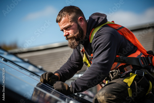 Technicians installing solar panels on roofs of houses and home offices Save energy and save money. own a small business