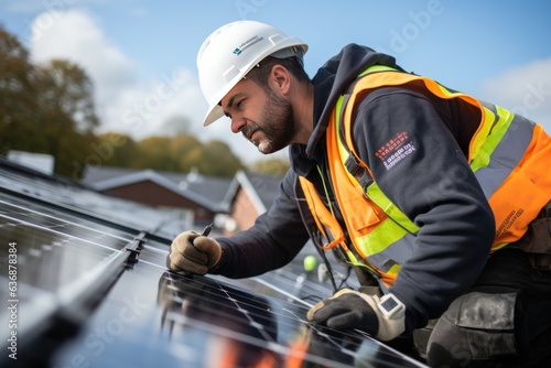 Technicians installing solar panels on roofs of houses and home offices Save energy and save money. own a small business