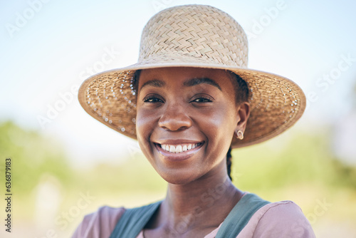 Smile, countryside and portrait of black woman on farm with sustainable business, nature and sunshine. Agriculture, gardening and happy face of female farmer in Africa, green plants and agro farming.