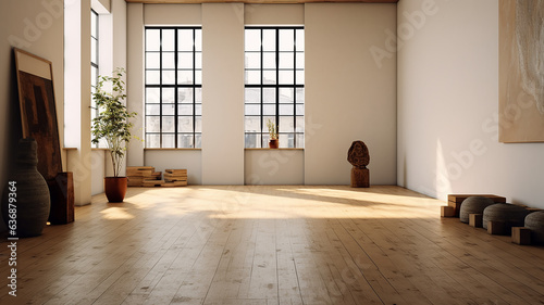 bright empty room hall with a large window and parquet, natural lighting. © kichigin19