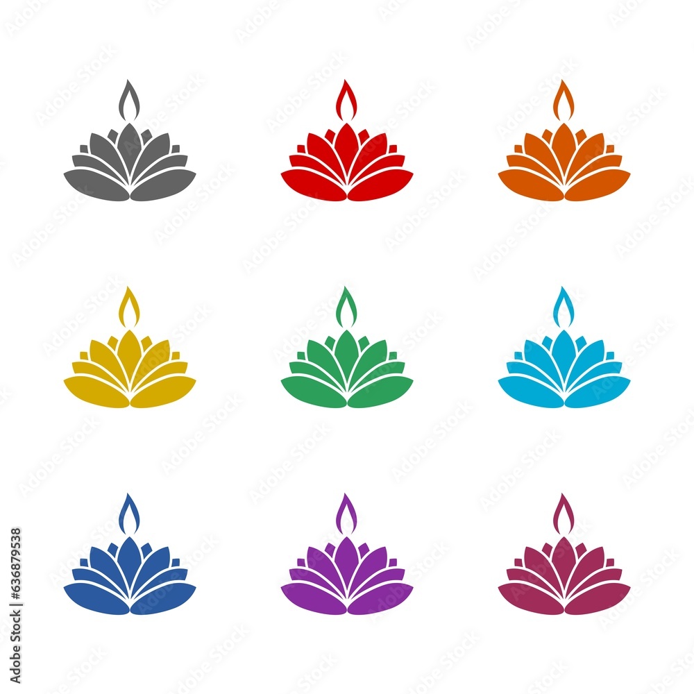 Obraz premium Candle and lotus symbol icon isolated on white background. Set icons colorful
