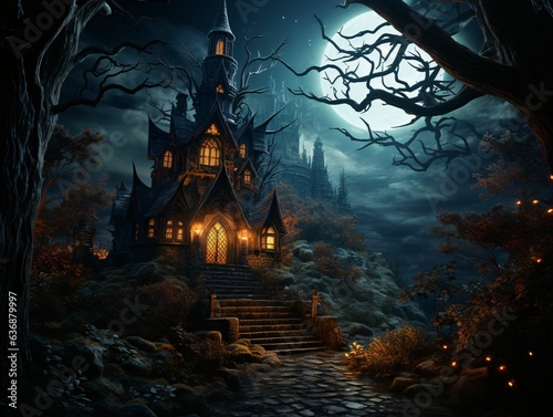 Spooky Witch House with Scary Trees and Moonlight. Horror Halloween Background © Resdika