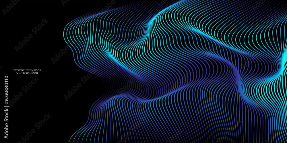 Vector wavy lines pattern smooth curve flowing dynamic blue green gradient light isolated on black background for concept of technology, digital, communication, science, music.