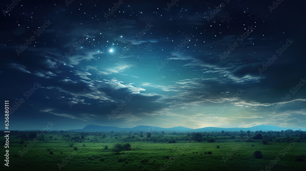 Green field under cloudy blue sky.Generative Ai Green field under cloudy blue sky.Generative Ai