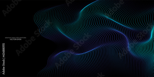 Flowing dots particles wave pattern blue green gradient light isolated on black background. Vector in concept of  technology, science, music, modern.
